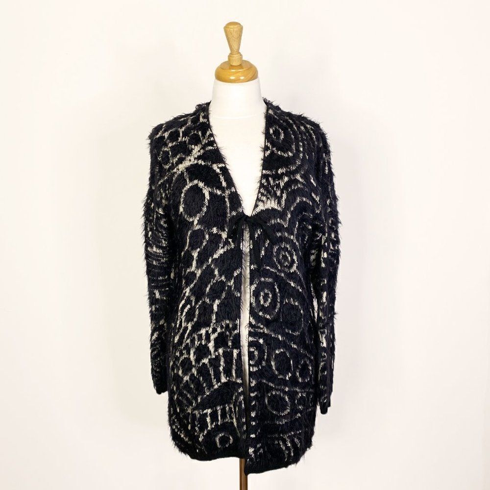 Save The Queen Black and White Longline Wool Blend Fuzzy Cardigan